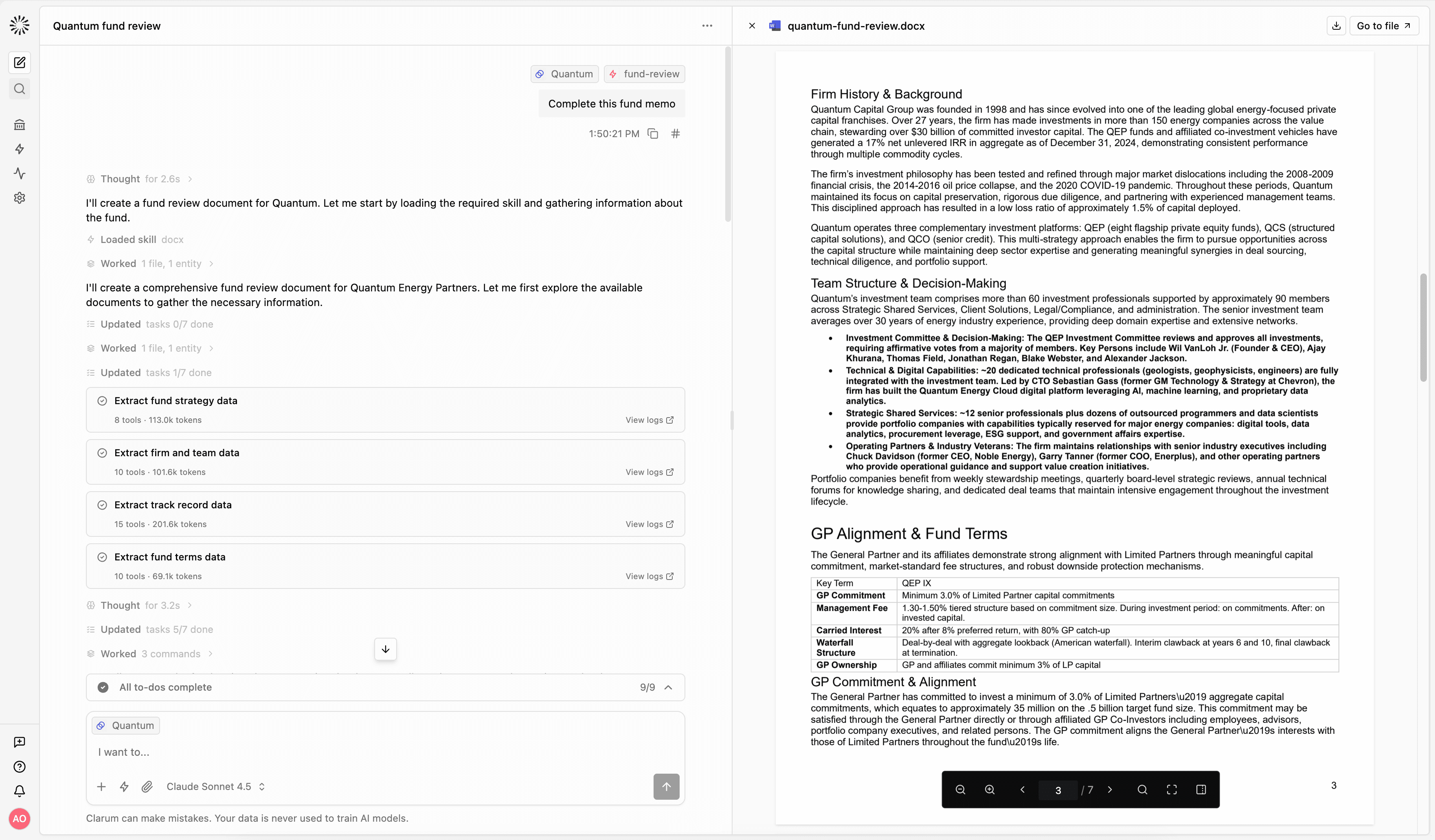 Clarum AI platform showing fund analysis dashboard with automated diligence and reporting